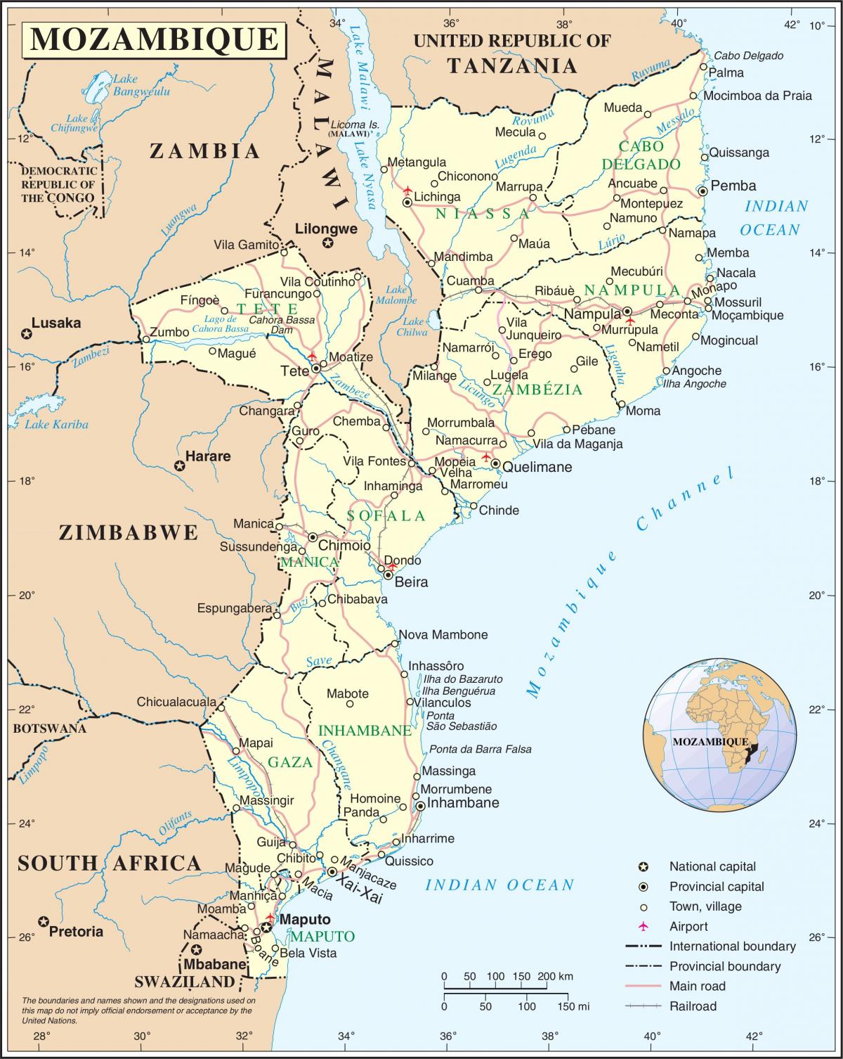 los aeropuertos de Mozambique en un mapa