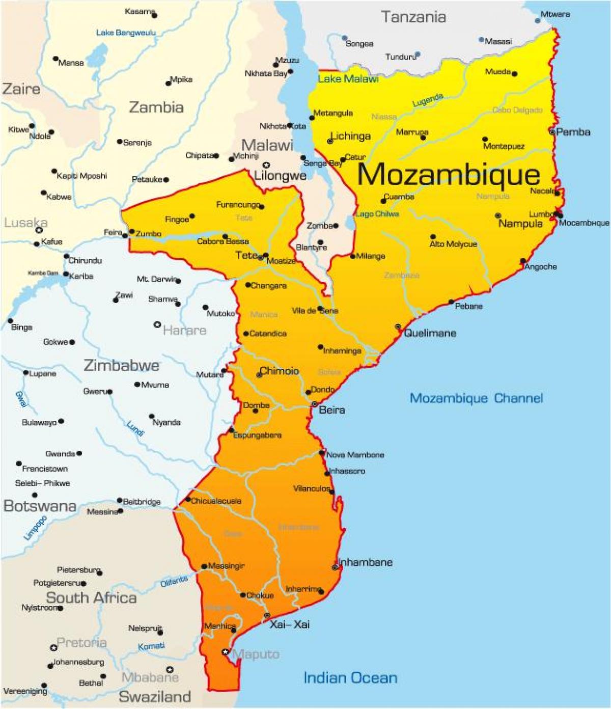mapa de Mozambique mapa con distancias