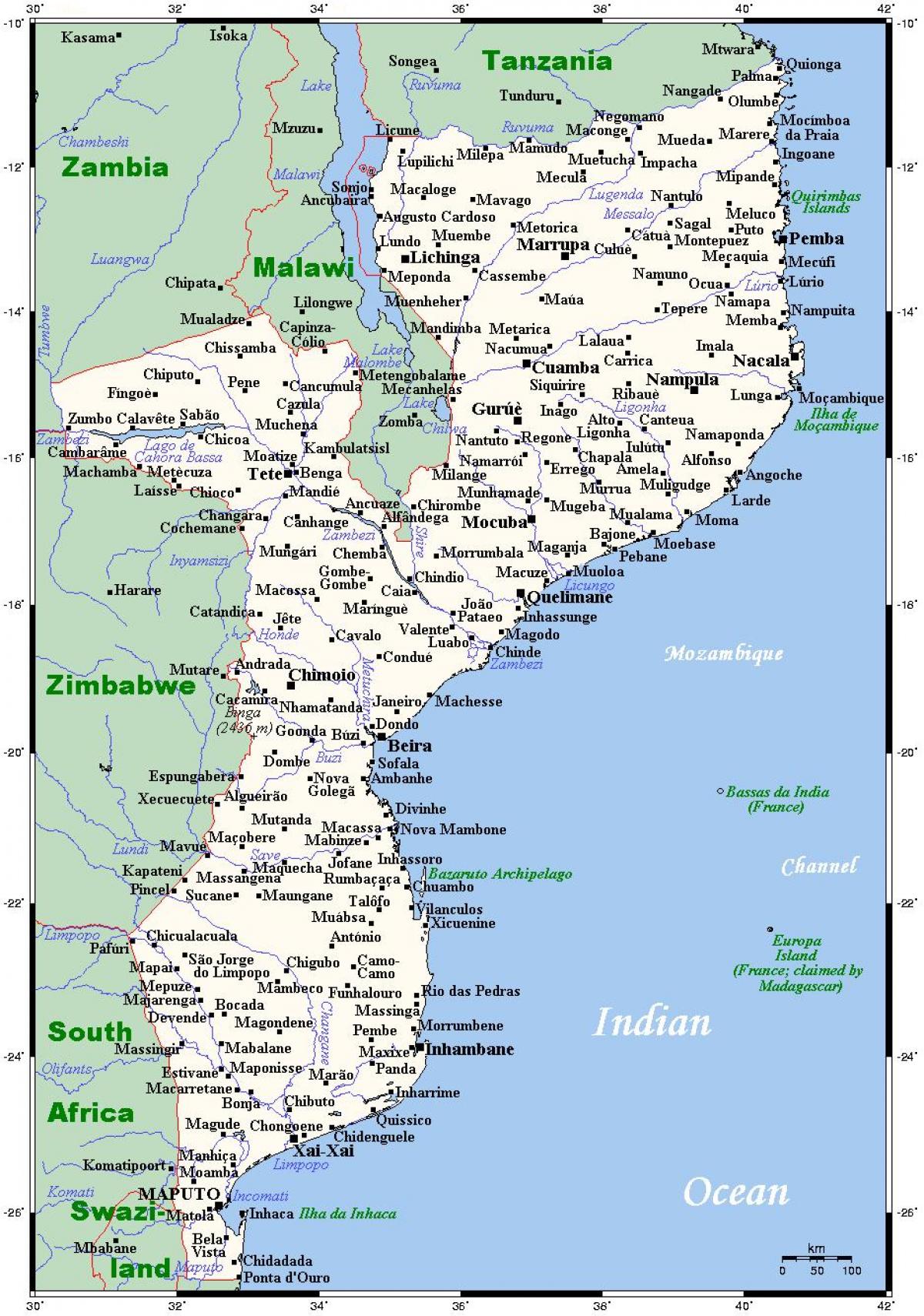 mapa de ciudades de Mozambique